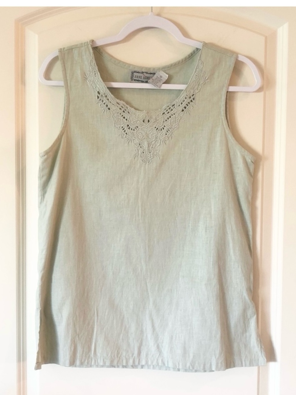 VTG Jane Ashley green/gray Linen Cotton Blend Tank Blouse Lace Cut Out Small